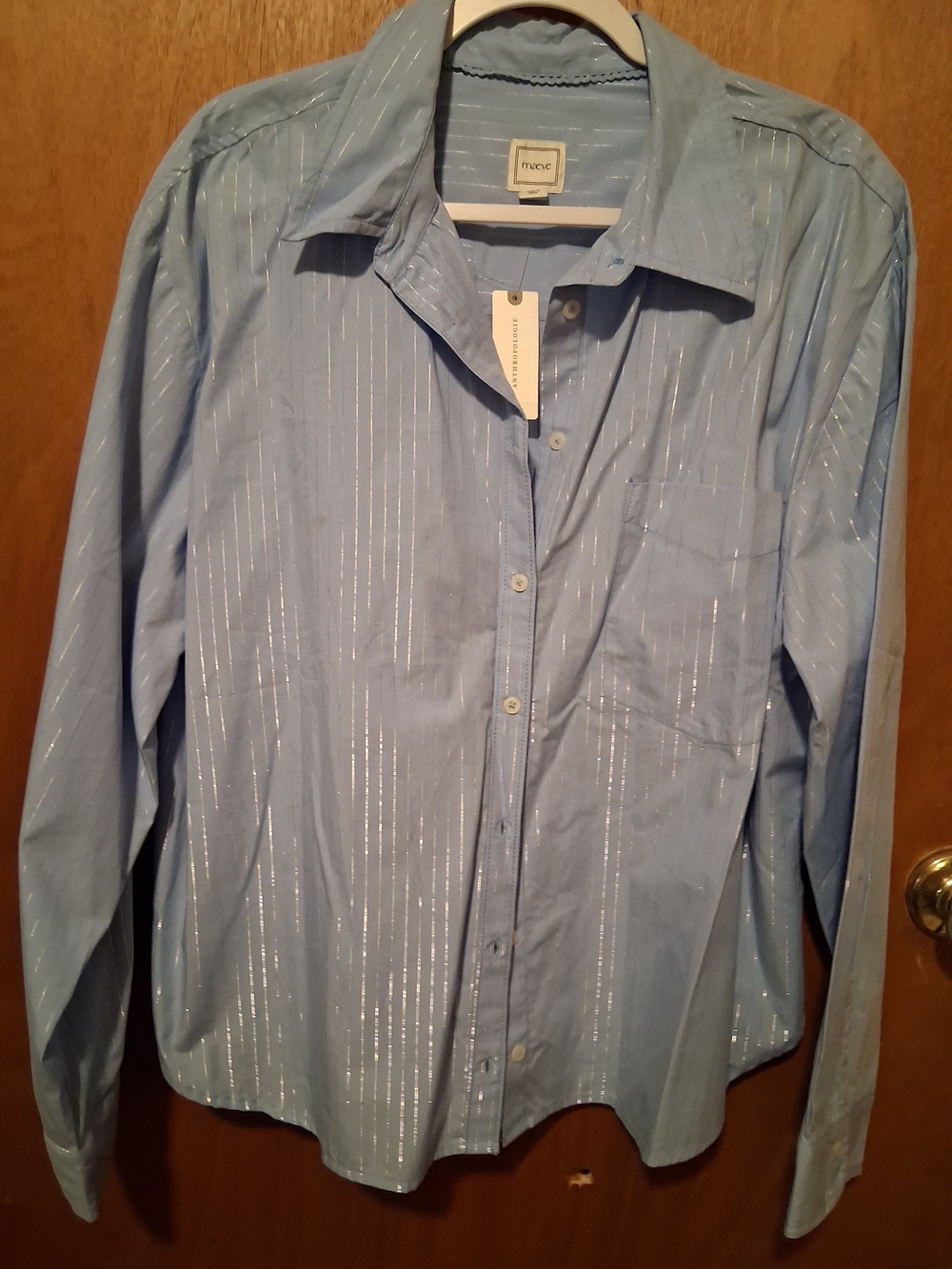 Anthropologee by Maeve Light Blue Button-Up Shirt with Metallic Stripe Detail XL